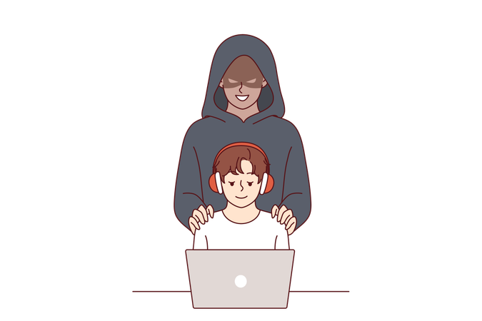 Cyberkrimineller steht hinter kleinem Jungen, der Laptop benutzt, um die Gefahr von Pädophilie im Internet aufzuzeigen  Illustration