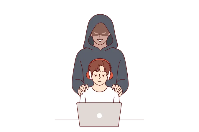 Cyberkrimineller steht hinter kleinem Jungen, der Laptop benutzt, um die Gefahr von Pädophilie im Internet aufzuzeigen  Illustration