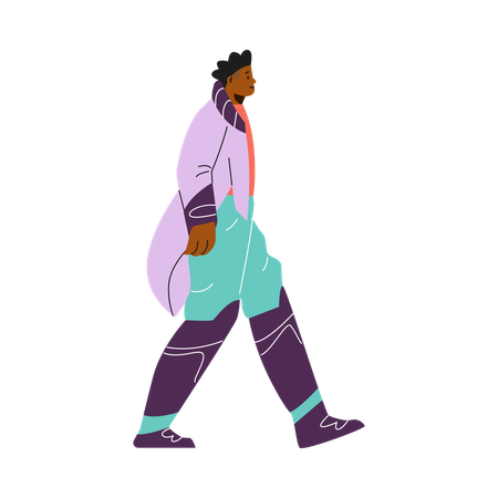 Jeune homme cyberpunk en vêtements lumineux marchant  Illustration