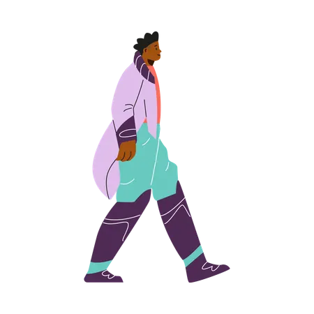 Jeune homme cyberpunk en vêtements lumineux marchant  Illustration