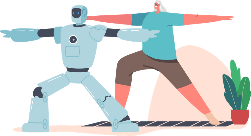 Cyborg and Elderly Woman Characters Doing Exercises Together Illustration