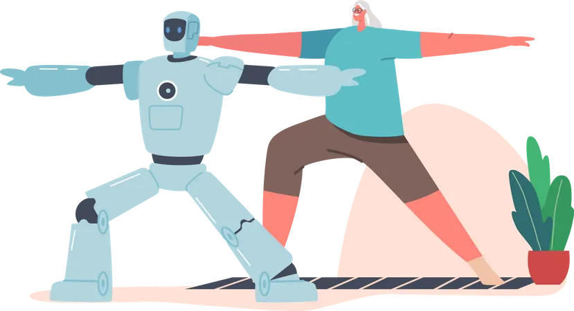 Cyborg and Elderly Woman Characters Doing Exercises Together Illustration