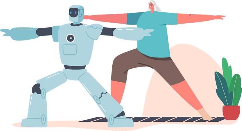 Cyborg and Elderly Woman Characters Doing Exercises Together  Illustration