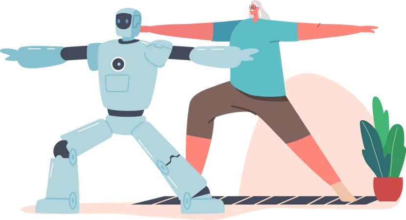 Cyborg and Elderly Woman Characters Doing Exercises Together  Illustration