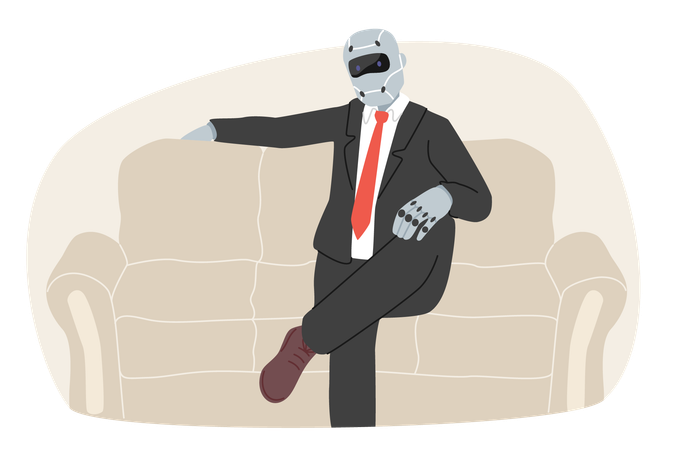 Cyborg dressed as businessman sits on sofa for concept of replacing company management with robots  Illustration