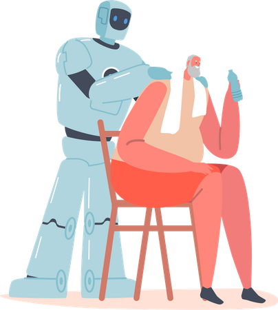 Cyborg Massaging Shoulders of Senior Man Illustration