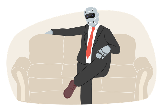 Cyborg vestido como hombre de negocios se sienta en el sofá por el concepto de reemplazar la gestión de la empresa con robots  Ilustración