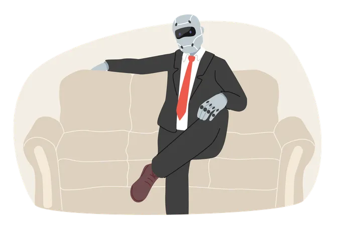 Cyborg vestido como hombre de negocios se sienta en el sofá por el concepto de reemplazar la gestión de la empresa con robots  Ilustración