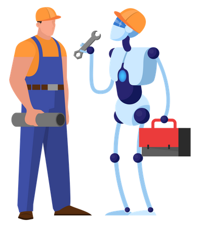 Cyborg working with man  Illustration