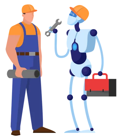 Cyborg working with man  Illustration