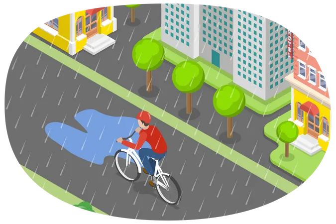 3 D Isometric Flat Vector Conceptual Illustration Of Cycling In Wet Conditions Taking An Extra Cautious Illustration