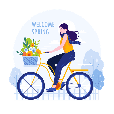 Cycling woman carrying flowers in spring  Illustration