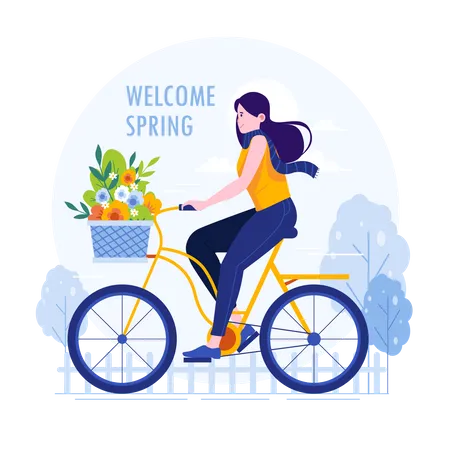 Cycling woman carrying flowers in spring  Illustration