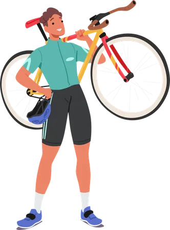 Sportsman Cyclist Character Clad In Professional Gear Confidently Hoists His Bike Over One Shoulder Displaying Strength Determination And Passion For The Ride Cartoon People Vector Illustration Illustration