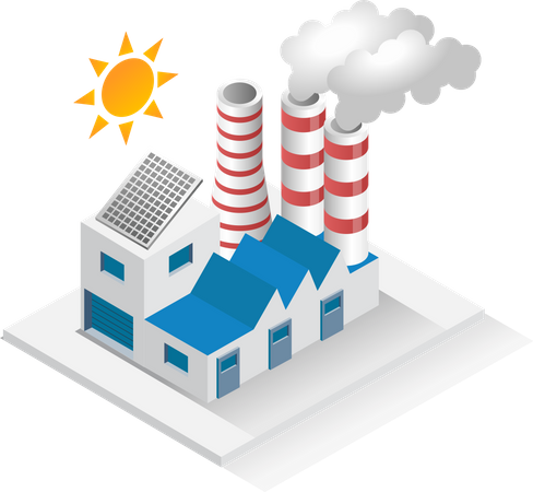 Dactory building with chimney equipped with solar energy panels  Illustration