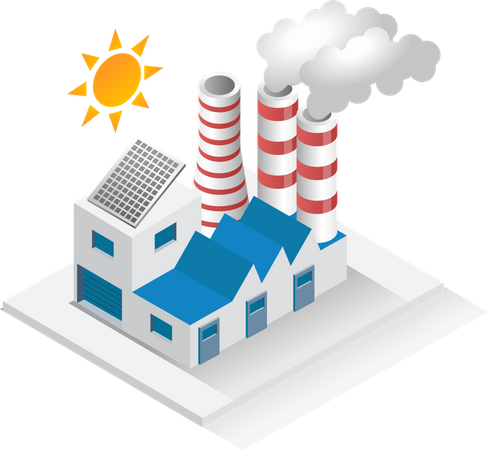 Dactory building with chimney equipped with solar energy panels  Illustration