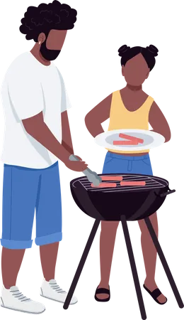 Dad and daughter at barbeque  Illustration