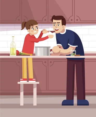 Dad and daughter degustating meal Illustration