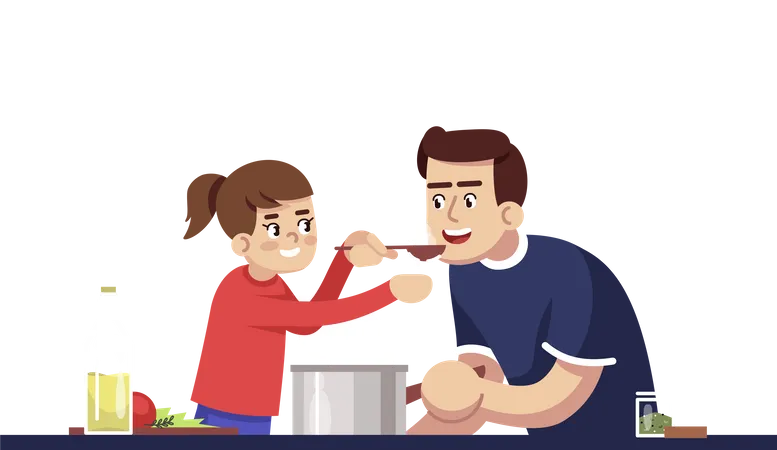 Dad And Daughter Degustating Meal  Illustration