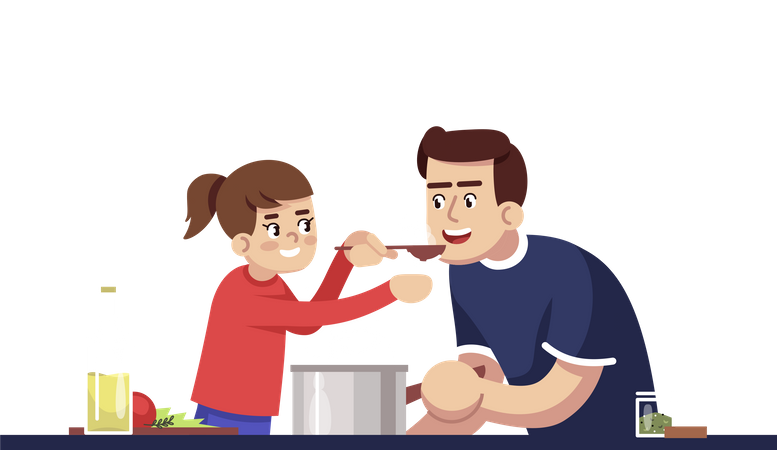 Dad And Daughter Degustating Meal  Illustration