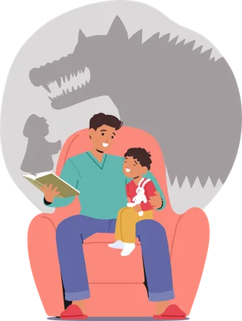 Dad And Son Family Characters Snuggle In An Armchair A Fairy Tale Book Open Before Them As He Reads Aloud Their Faces Alight With The Magic Of Storytelling And Shadows Of Red Hood Story On The Wall Illustration