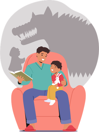 Dad And Kid reading Fairy Tale Book  Illustration