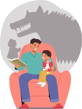 Dad And Kid reading Fairy Tale Book  Illustration