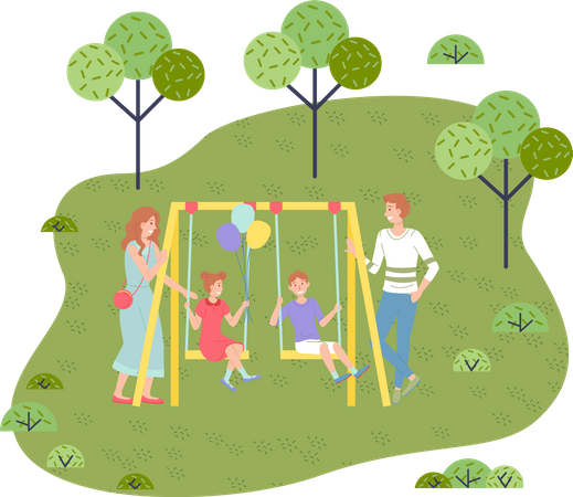 Dad and mom ride children on a swing  Illustration