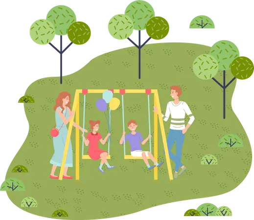Family Holidays Out Of Town Mom And Dad Ride Kids On Carousel Girl With Colorful Balloons Walk In The Park Weekend Out Of Town Outdoor Activity Fun Days Family Holiday Green Spaces Flat Image Illustration