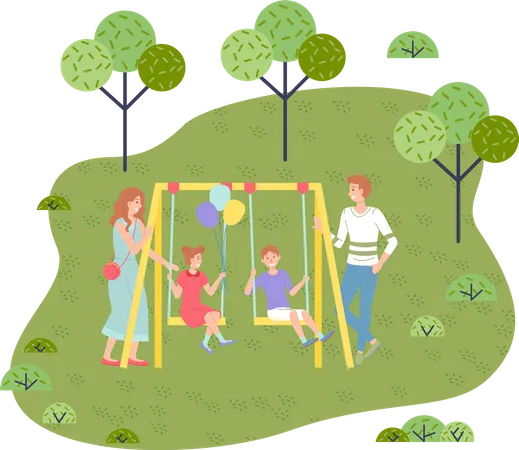 Dad and mom ride children on a swing  Illustration