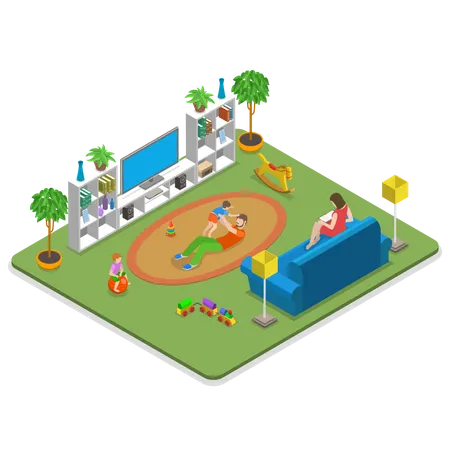 Happy Family Isometric Flat Vector Concept Dad And Mom There Young Son And Daughter Are Spending Time Together And Home Parenting Togetherness Illustration