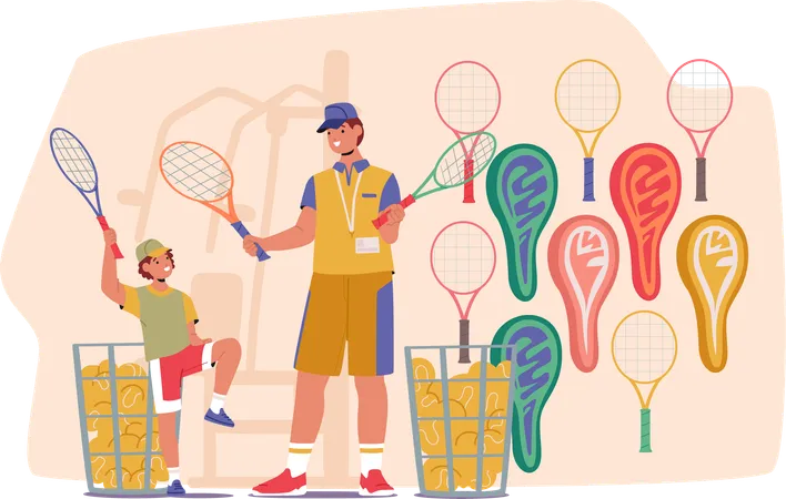 Dad and son  choosing new racket for tennis game at sports goods store  Illustration