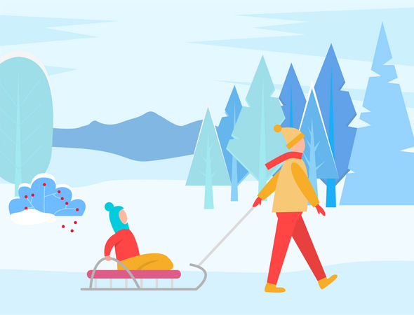 Dad and son enjoying winter activity  Illustration