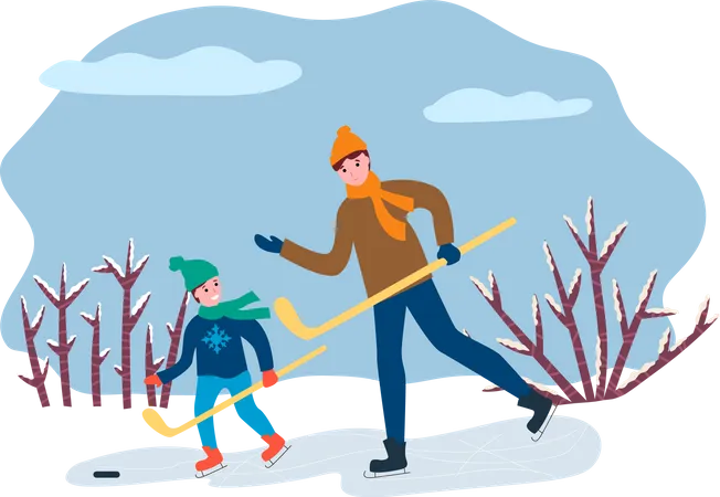 Dad and Son Playing Hockey  Illustration