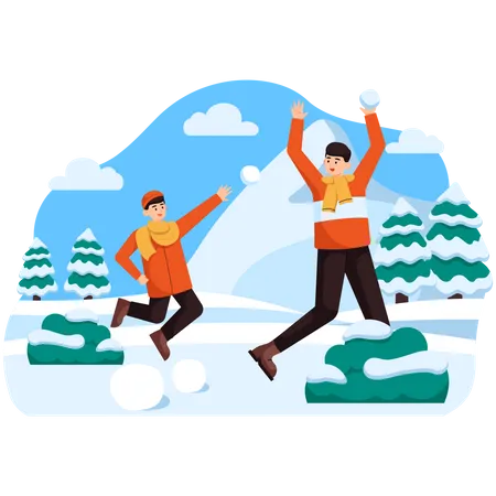 Dad And Son Playing Snowball  Illustration
