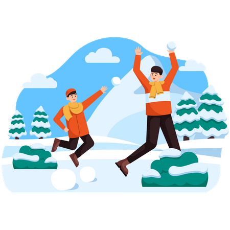 Dad And Son Playing Snowball  Illustration