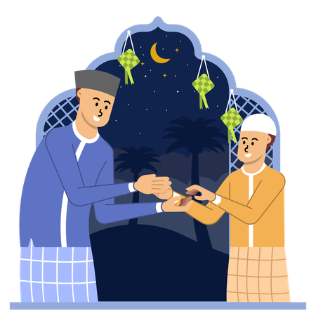 Dad and son shaking hand each other and asking forgiveness on each other  イラスト