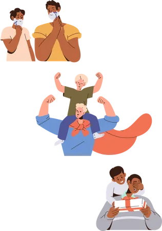 Set Of Dad And Son Spending Time Together Father And Boy Shaving Beard Playing Superhero And Hide And Seek Games Vector Illustration Happy Family Characters Parenting And Fatherhood Concept Illustration