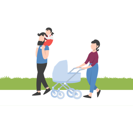 Dad carrying daughter on shoulders while walking at park Illustration