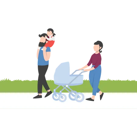 Dad carrying daughter on shoulders while walking at park  Illustration
