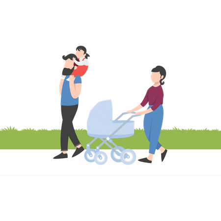 Dad carrying daughter on shoulders while walking at park  Illustration