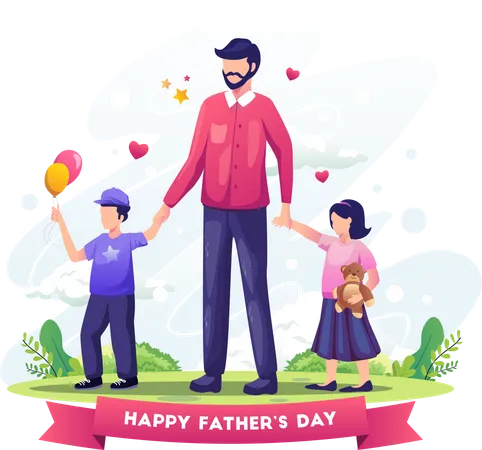 Dad celebrates father's day by taking his kids for a walk Illustration