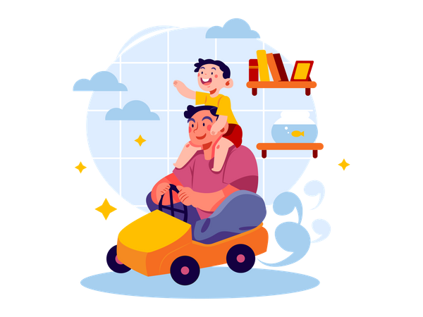 Dad driving toy car with son Illustration