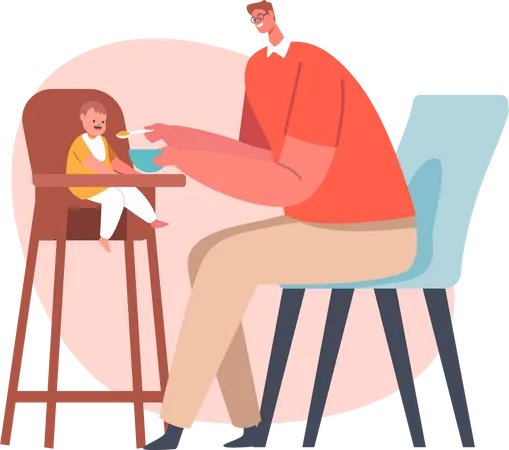 Dad Feed Baby with Spoon Illustration