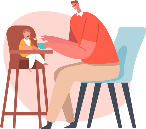 Dad Feed Baby with Spoon  Illustration