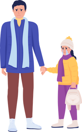 Dad holding weeping daughter hand Illustration