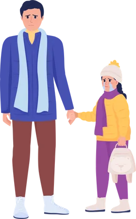 Dad holding weeping daughter hand  Illustration