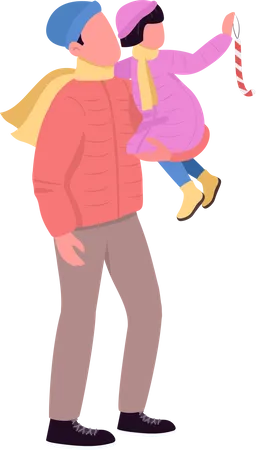 Dad in outerwear holding daughter  Illustration