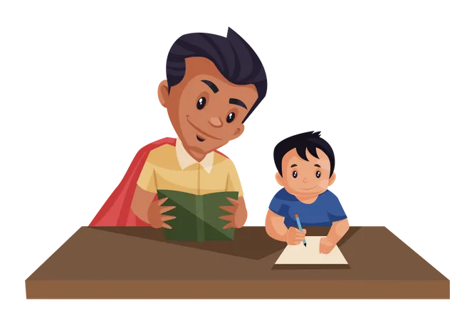 Dad is helping his kid in the homework Illustration