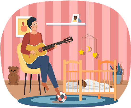 Dad singing to baby at night and helps him to sleep  Illustration